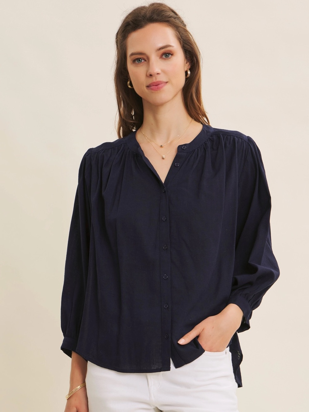 Espresso Hour Linen Blend Relaxed Balloon Sleeves Blouse Size Large